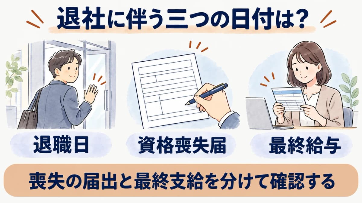 退職日・資格喪失届・最終給与を分けて確認する図