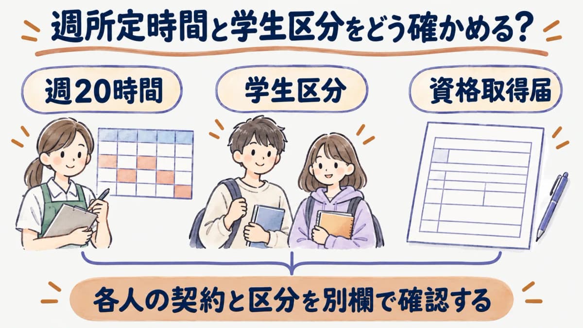週20時間と学生区分を別の欄で確認する図